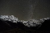 View of the snow covered Annapurna 1 North Face, mid, and the Annapurna South summit , left at night with stars and Milky Way, Chomrong, Kaski District, Nepal, Asia