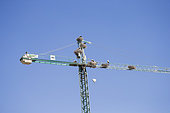 crane colonized by white stork nests, abandoned yards following the economic crisis, Lerida, Catalonia, Spain