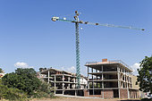 Abandoned yards following the economic crisis, crane colonized by white stork nests, Lerida, Catalonia, Spain