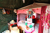 Miel jaune - Apiculture et tourisme de masse sur les champs de colza à Luoping, Yunnan. Une apicultrice dans sa tente qui est également sa maison pendant les huit mois de l’année ou les apiculteurs voyagent de fleurs en fleurs. Chine