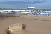 Plastic bottle washed up on a beach of the Opal Coast, Pas-de-Calais, France