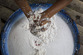 Girl crushing copra of coconut to make coconut milk, Pulau Siberut, Sumatra, Indonesia
