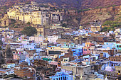 General view of the blue city of Bundi and the palace, Rajasthan, India