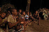 The pygmy canopy honey. In the evening at the camp, the people talk to the children about the ancestors and their ways of the past. They speak of hunting elephants with assegais. The ancestors, the great elephant hunters, are called “Touma” and when a entered the forest, the people had hopes for an exceptional hunt. During the nocturnal ceremonies, the whole camp calls upon the largesse of the god “Comba”. The chants are hunting songs, of enthusiasm and thanks for the hunt or harvest to come. These ceremonies often take place after a good hunt, when the camp shares antelope or boar meat. Likiouala, Congo