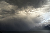Curtain of intense rain on Lake Geneva, Haute-Savoie, Alps, France