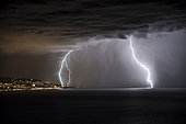 Two lightning strikes on Lake Geneva, facing Evian, Haute-Savoie, Alps, France