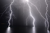 Multiple close lightning strikes on Lake Geneva, Haute-Savoie, Alps, France