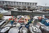 Lobster boats tied up for winter blizzard, Portland Harbor, Maine