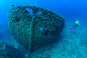 Diver and Boat Wreck, Antheors Péniches Dive Site, Côte d'Azur, France