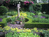 Ornate vegetable garden with Stork's bill (Erodium sp), Oregano (Origanum sp), Water pump, Garden of Mr and Mrs Deferme, Belgium.