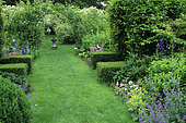 Lawn driveway, Catmint (Nepeta cataria), Rose (Rosa sp), Larkspur (Delphinium sp), sundial, Château De Villier sur Cher, France