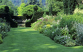 Garden scene in summer, Lawn, Jardins de Castillon-Plantbessin, Normandy, France