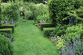 Lawn path, Flower beds, Arbor and Sundial, Château de Villiers, Cher, France (AE)