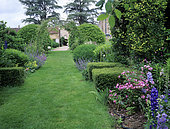 Lawn alley, Flower bed with Dauphinelle (Delphinium sp), Rose (Rosa sp), Catnip (Nepeta sp) and Arbor, Château de Villiers, Cher, France