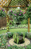 Garden scene: Spherical fountain under arbor and suspension of various plants ... RHS Garden Wisley, Surrey, Angleterre