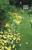 Lawn Pathway and Yellow camomile (Anthemis tinctoria) 'E.C. Buxton', Variegated Mint (Mentha sp) 'Variegata', Oregano (Origanum sp), Lys (Lillium sp), West Green Garden, England