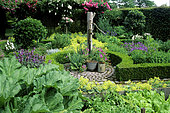 Ornate vegetable garden with Rhubarb (Rheum rhaponticum), Horseradish (Armoracia rusticana), Sage (Salvia sp), Laurel (Laurus nobilis), Water pump, Garden of Mr and Mrs Deferme, Belgium.