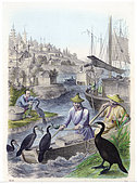 Hand coloured engraving dating to 1858 depicting Cormorant fishers in China