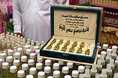 Rose perfume and rose water bottles (Rosa damascena), Taif, Saudi Arabia