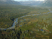 Vue aérienne d'un fleuve et d'une chaine de montagne, Centre-sud de l'Alaska. USA