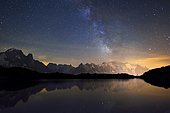 Mont Blanc massif at night with the Milky Way, reflected in Lac de Chésserys, Aiguilles de Chamonix on the left, Montblanc on the right, Chamonix, France, Europe