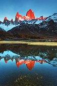 Reflex of Fitz Roy mount at sunrise, Los Glaciares National park Patagonia, Argentina