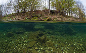 Underwater landscape, in mid-air photo mid-water, in the clear waters of the river "livelyt Guiers", Savoie, France