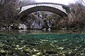 Paysage subaquatique, en photo mi-air mi-eau, dans les eaux limpides de la rivière "Guiers vif", Pont Saint-Martin, Savoie, France