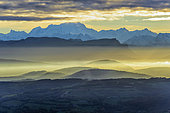 Chain of the Alps seen from the Jura, Mont Blanc is the highest peak, seen from the Col de Richemont, Ain, France