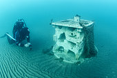 Scuba diver in front of an experimental artificial reef micro (xreef), Marine Protected Area of the Agathoise coast, Hérault, France