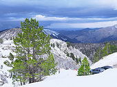 Snowy landscape, ski and winter sports resorts in mountain areas, La Pierre Saint Martin ski resort, municipality of Arette (64), Pyrenees, France