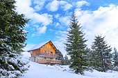Traditional chalet, Real estate in ski and winter sports resorts in mountain areas, La Pierre Saint Martin ski resort, Arette commune (64), Pyrenees, France