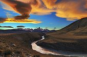 Fitz Roy Massif and Rio de las vueltas, Patagonian Cordillera, El Chalten, Santa Cruz, Argentina