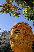 Fete du Citron, gardens Bioves, citrus motifs, theme 2018 Bollywood, Bouddha, Menton, Alpes Maritimes, France
