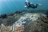 Underwater ancient mosaics. Campi Flegrei, west of the Gulf of Naples. Italy. Monuments of the Greek-Roman age (buildings that belonged to the Roman aristocracy. They now constitute the Underwater Park of Baia.