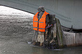 Photographer Yann Arthus-Bertrand dressed the zouave of the Alma bridge with a lifejacket to wake up the consciousness of global warming during the flood of the Seine in Paris in February 2018, France