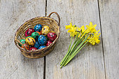 Colorful quail eggs for Easter, in a wicker basket and bouquet of daffodils.