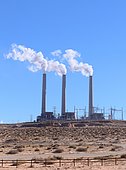 The 3 chimneys of the Navajo Coal Power Station (Salt River Project) near Page, Arizona, USA. The plant is disputed because it is very polluting.