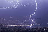 Lightning strike hitting a crane, Geneva, Switzerland, april 4, 2018