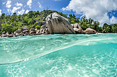Mid-air mid-water view of a Praslin beach, Seychelles
