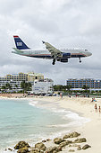 Airliner landing at Saint Martin airport, West Indies