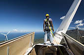 Man inspecting a wind turbine. New Caledonia.