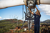 Worker performing the maintenance of a wind turbine. New Caledonia.