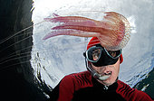 Jellyfish (Pelagia noctiluca) and diver, Tenerife, Marine invertebrates of the Canary Islands.