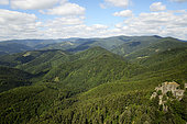 From the Fuchsfels lookout, the Doller valley, the Tete des Perches, the Grand Ventron, near the Vogelsteine, rocks, Rossberg massif, Hautes Vosges, Haut Rhin, France