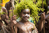 Portrait of young dancer with fern crown, cultural festival. Common Poya. New Caledonia.