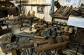 Clogs, workbench, tools, clog maker workshop, museum Espace des métiers du Bois Et du Patrimoine in Labaroche, Haut Rhin, France