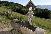 Wooden drinking fountain in front of Belacker farm, inn, cottage, Belacker stubble, Rossberg massif, Hautes Vosges, Haut Rhin, France