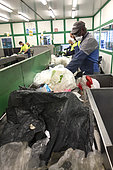 Employees of a waste facility on a conveyor belt sorting line. Manual sorting of plastic to to separate non-recyclable plastic PET (polyethylene terephthalate) objects. Some qualities of plastics can not be recycled and should be incinerated. PETs used in water bottles and juices instead can be recycled, for example, into garment fabrics. Portugal