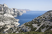 The creeks and the coast. Sugiton (notch in the foreground), Cap Canaille (in red) and Cap Sicié (in the background), Calanques National Park, Bouches-du-Rhône, Franc